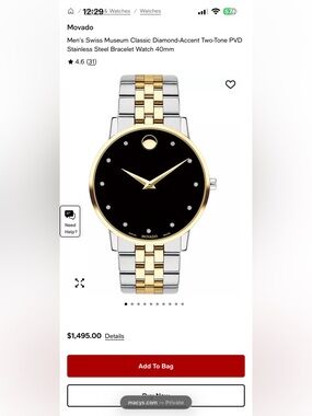 Movado Two-Tone Gold and Silver Watch with Black Dial